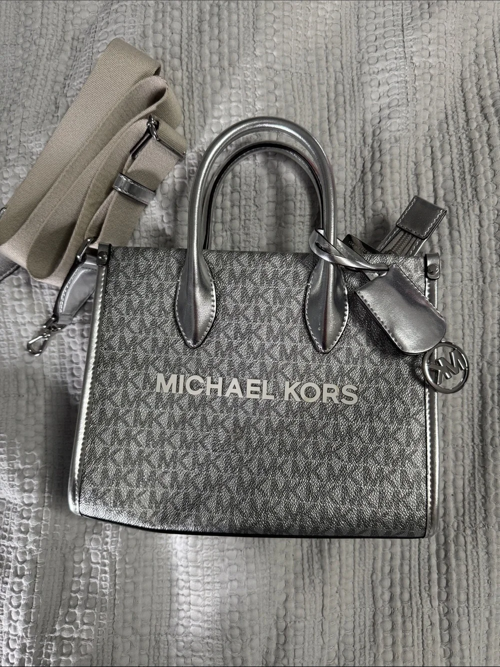 Michael Kors Metallic Silver Monogram Satchel